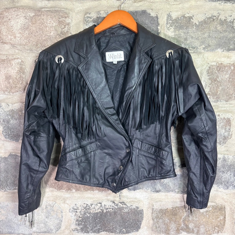 Winlit Vintage Black Leather Fringe Western Jacket Horseshoe Hardware Small